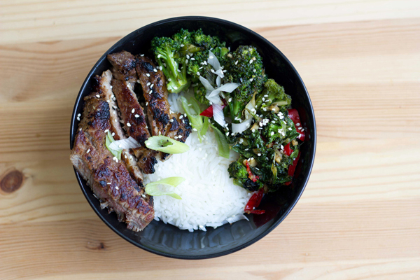 Beef and Broccoli Bowl with Stir Fried Kale and Sesame Ginger Sauce