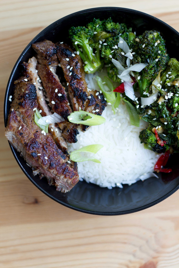 Beef and Broccoli Bowl with Stir Fried Kale and Sesame Ginger Sauce