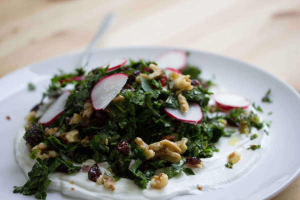 Herb Salad with Pomegranate Dressing over Labaneh! 