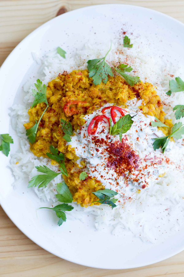 Spicy Red Lentil Dahl with Cool Mint Yogurt
