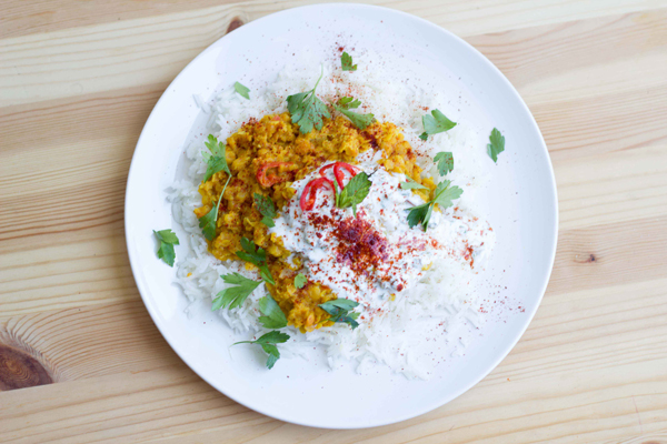 Spicy Red Lentil Dahl with Cool Mint Yogurt