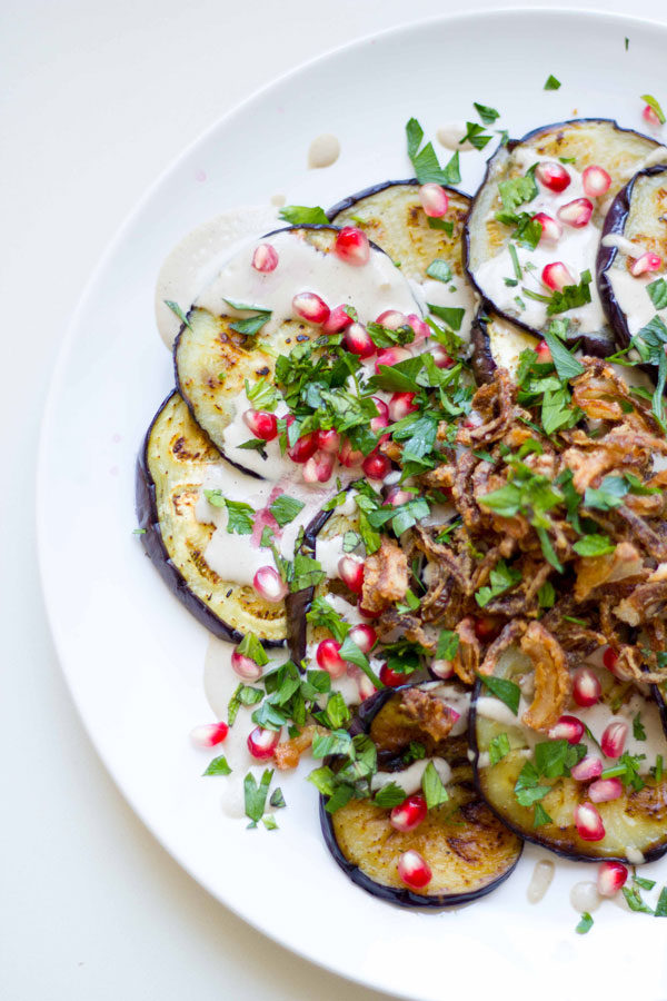 This eggplant with pomegranate tahini and crispy fried onions makes for the perfect Rosh Hashanah appetizer!