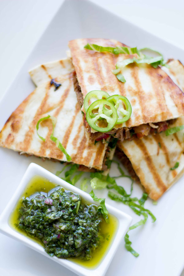 Slow cooker shredded beef quesadillas with chimichurri dipping sauce | SeriousSpice.com