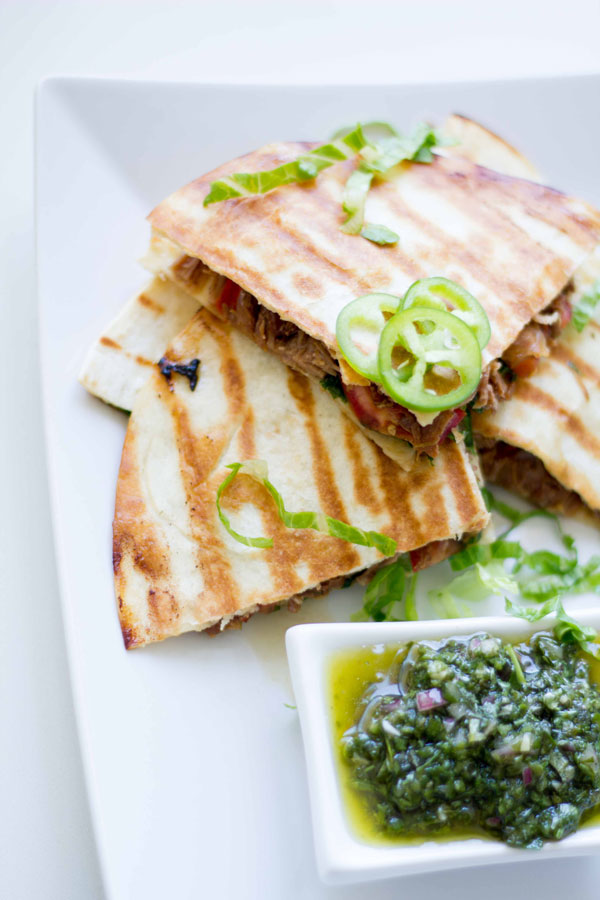 Slow cooker shredded beef quesadillas with chimichurri dipping sauce | SeriousSpice.com