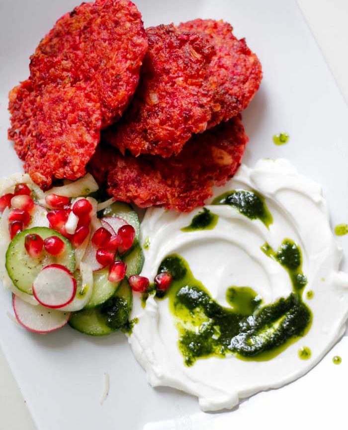 Beet Latkes with Labneh, Cilantro Oil, and Side Salad | Serious Spice