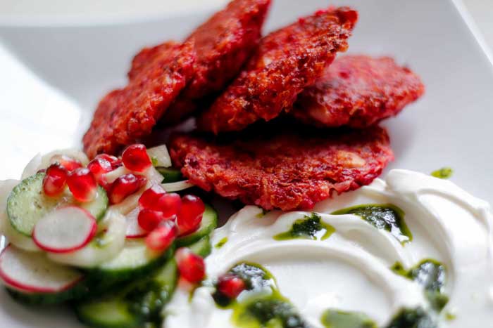 Beet Latkes with Labneh, Cilantro Oil, and Side Salad | Serious Spice
